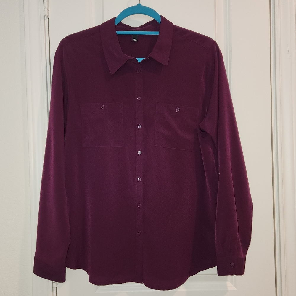 Roz & Ali Burgundy Long Sleeve Collared Dress Shirt – Size Large